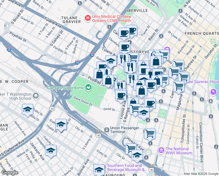 map of restaurants, bars, coffee shops, grocery stores, and more near 498 Lasalle Street in New Orleans