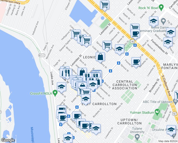 map of restaurants, bars, coffee shops, grocery stores, and more near in New Orleans