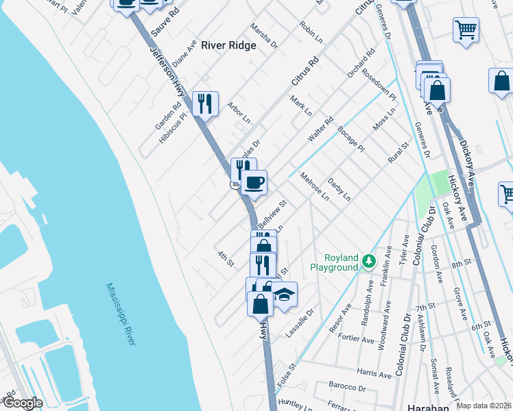 map of restaurants, bars, coffee shops, grocery stores, and more near 9301 Jefferson Highway in River Ridge