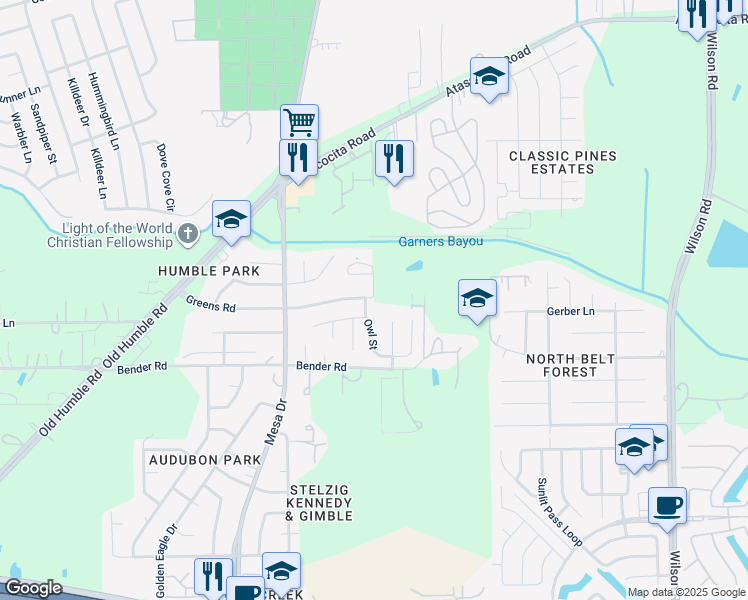 map of restaurants, bars, coffee shops, grocery stores, and more near 8239 Greens Road in Humble
