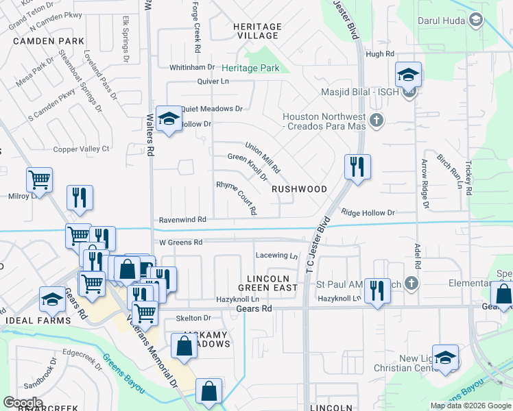 map of restaurants, bars, coffee shops, grocery stores, and more near 2302 Rhyme Court Road in Houston