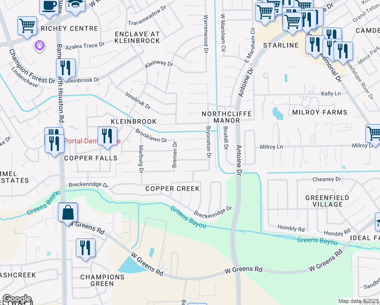 map of restaurants, bars, coffee shops, grocery stores, and more near 3902 Ebury Drive in Houston