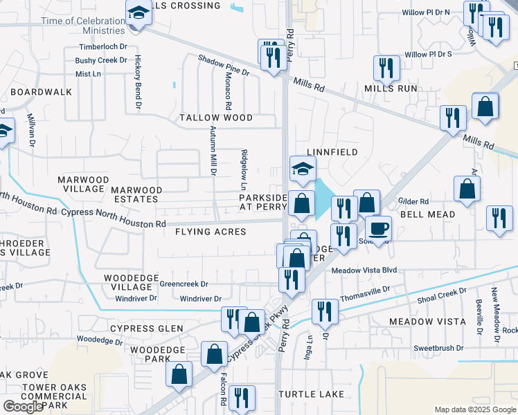 map of restaurants, bars, coffee shops, grocery stores, and more near 9526 Farrell Drive in Houston