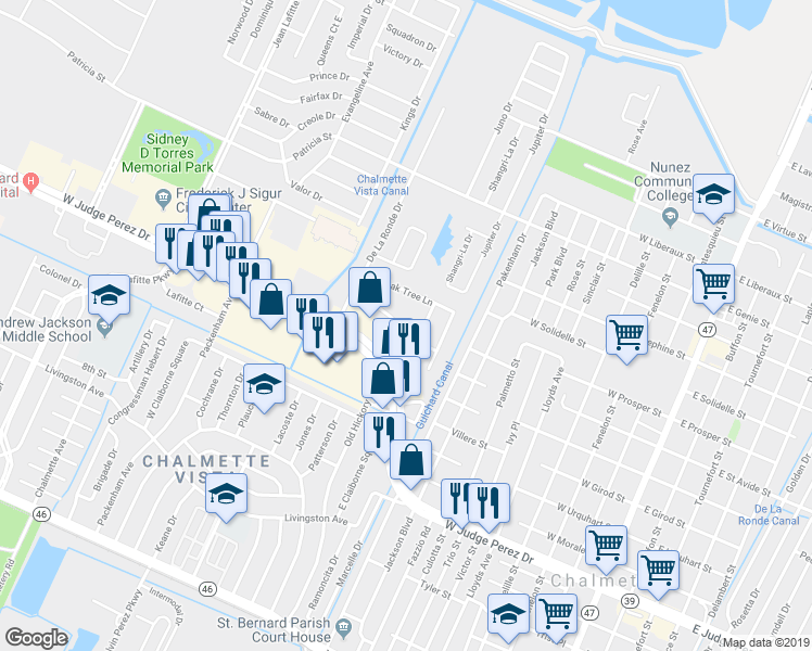 map of restaurants, bars, coffee shops, grocery stores, and more near 301 Plantation Drive in Chalmette