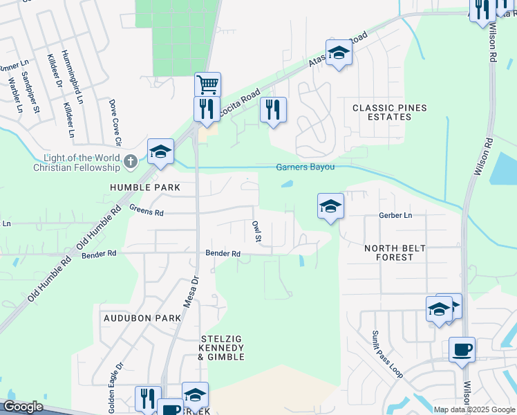 map of restaurants, bars, coffee shops, grocery stores, and more near 8239 Greens Road in Humble