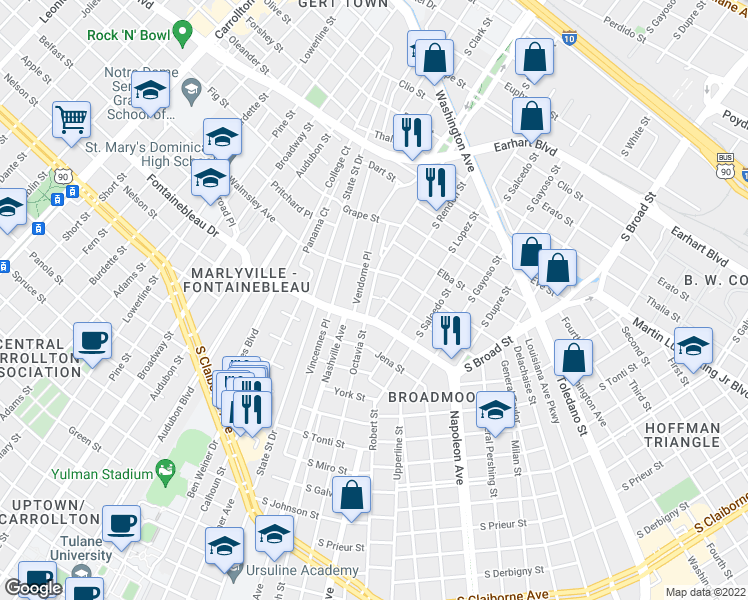 map of restaurants, bars, coffee shops, grocery stores, and more near 3931 Octavia Street in New Orleans