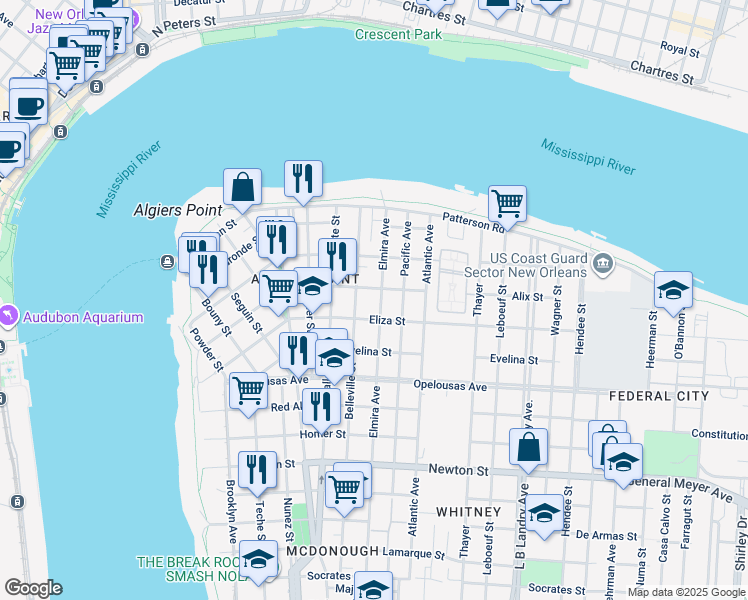 map of restaurants, bars, coffee shops, grocery stores, and more near 400 Elmira Avenue in New Orleans