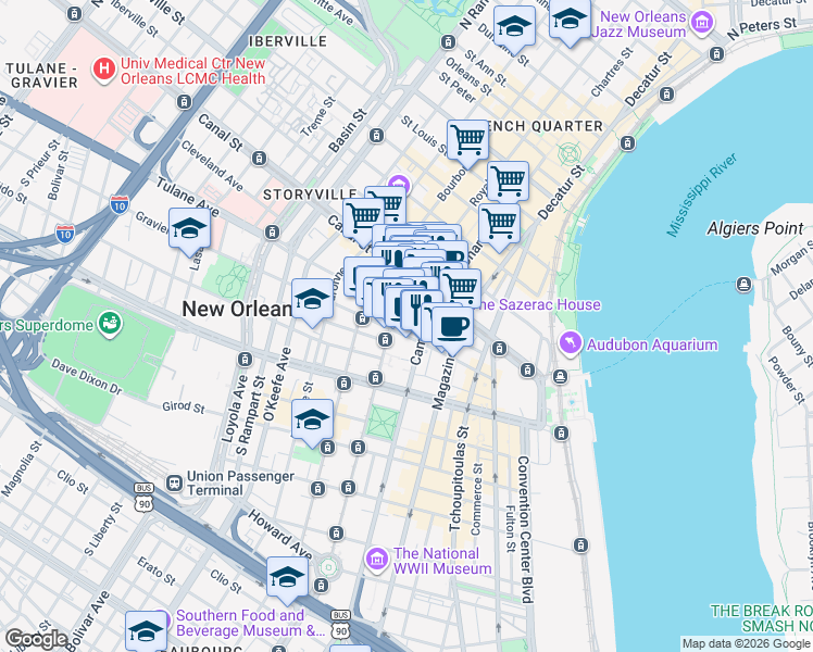 map of restaurants, bars, coffee shops, grocery stores, and more near 121 Saint Charles Avenue in New Orleans