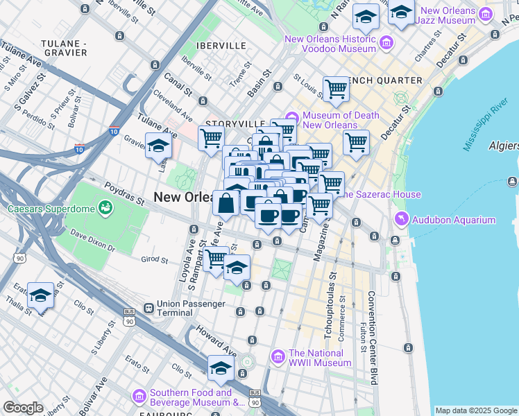 map of restaurants, bars, coffee shops, grocery stores, and more near in New Orleans