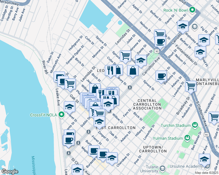 map of restaurants, bars, coffee shops, grocery stores, and more near 8230 Green Street in New Orleans