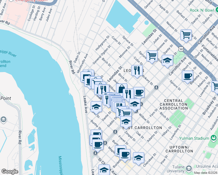 map of restaurants, bars, coffee shops, grocery stores, and more near 8525 Willow Street in New Orleans
