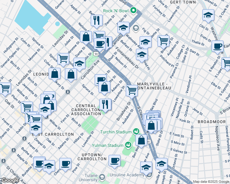 map of restaurants, bars, coffee shops, grocery stores, and more near 2215 Adams Street in New Orleans