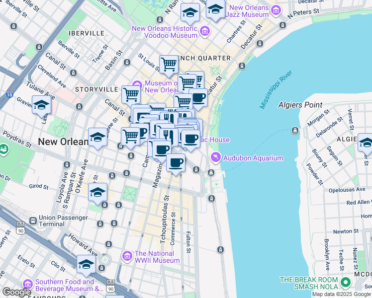 map of restaurants, bars, coffee shops, grocery stores, and more near 500 Poydras Street in New Orleans