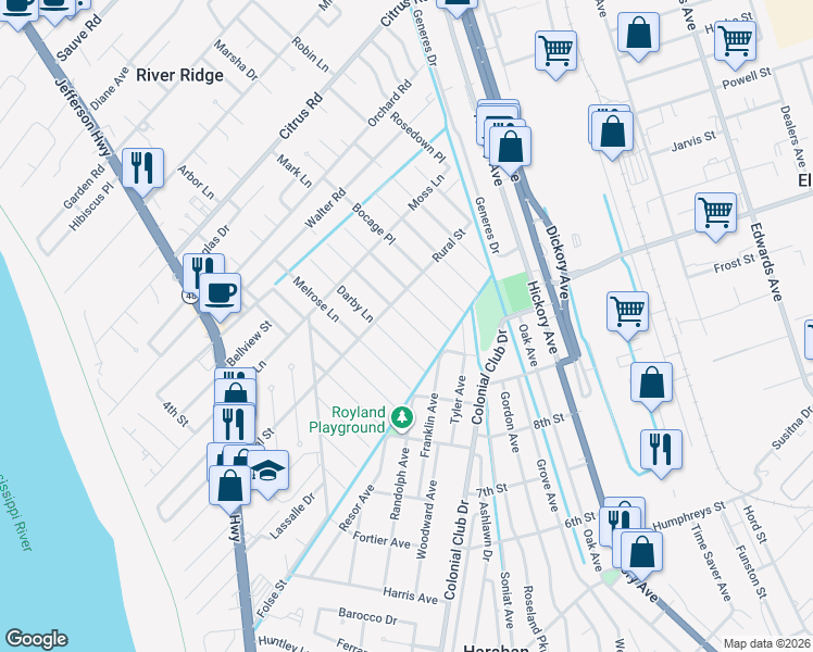 map of restaurants, bars, coffee shops, grocery stores, and more near 8812 Hermitage Place in River Ridge