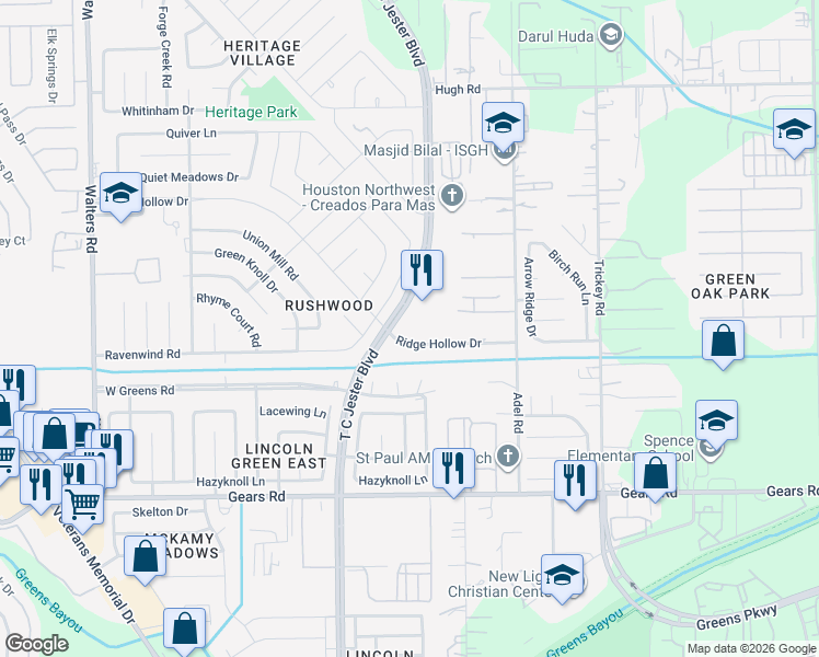 map of restaurants, bars, coffee shops, grocery stores, and more near 11616 T C Jester Boulevard in Houston