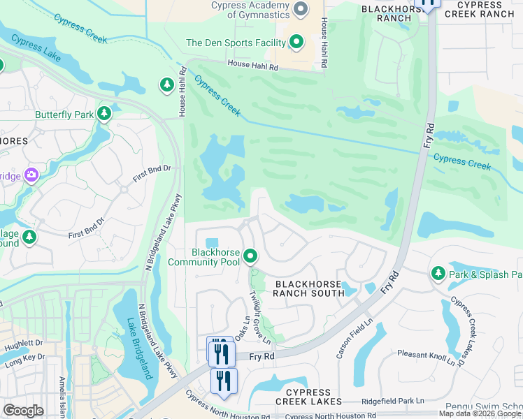 map of restaurants, bars, coffee shops, grocery stores, and more near 12011 Silverwood Bend Lane in Cypress