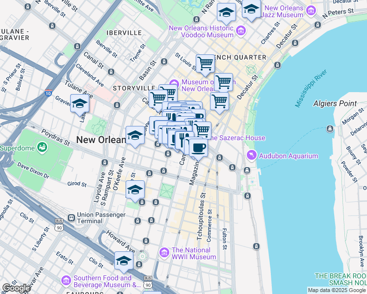 map of restaurants, bars, coffee shops, grocery stores, and more near 121 Saint Charles Avenue in New Orleans