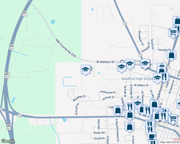 map of restaurants, bars, coffee shops, grocery stores, and more near 1000 West Weldon Street in Starke