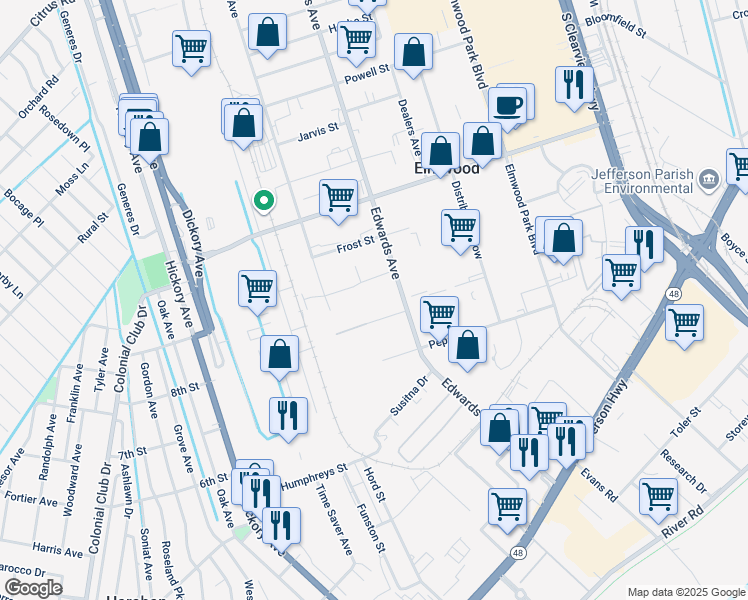 map of restaurants, bars, coffee shops, grocery stores, and more near 700 Edwards Avenue in Elmwood