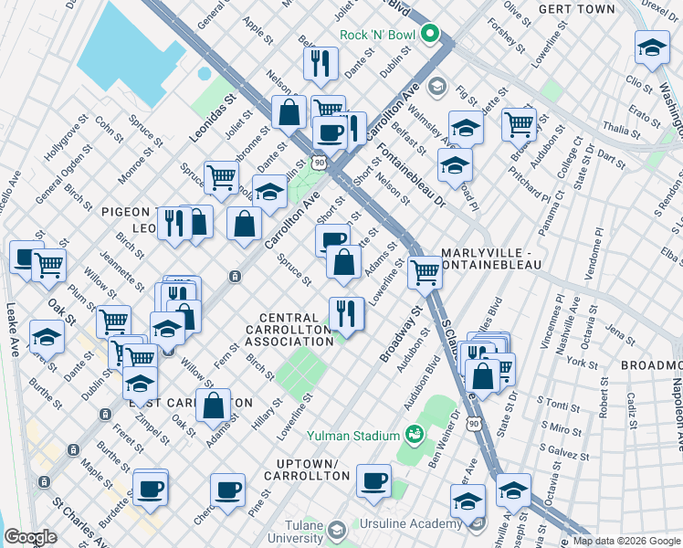map of restaurants, bars, coffee shops, grocery stores, and more near 2121 Burdette Street in New Orleans