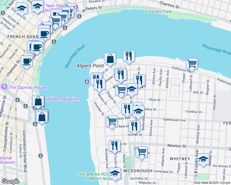 map of restaurants, bars, coffee shops, grocery stores, and more near 327 Pelican Avenue in New Orleans