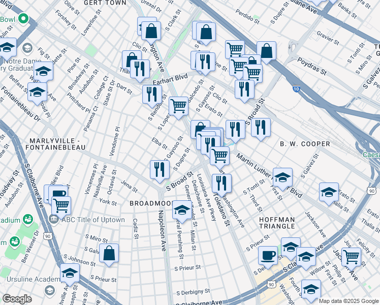 map of restaurants, bars, coffee shops, grocery stores, and more near 4033 Eden Street in New Orleans