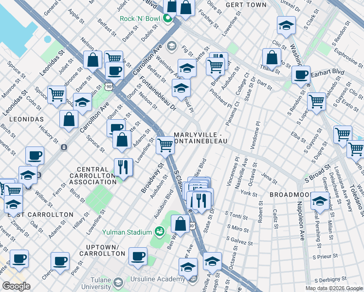 map of restaurants, bars, coffee shops, grocery stores, and more near 2419 Audubon Street in New Orleans