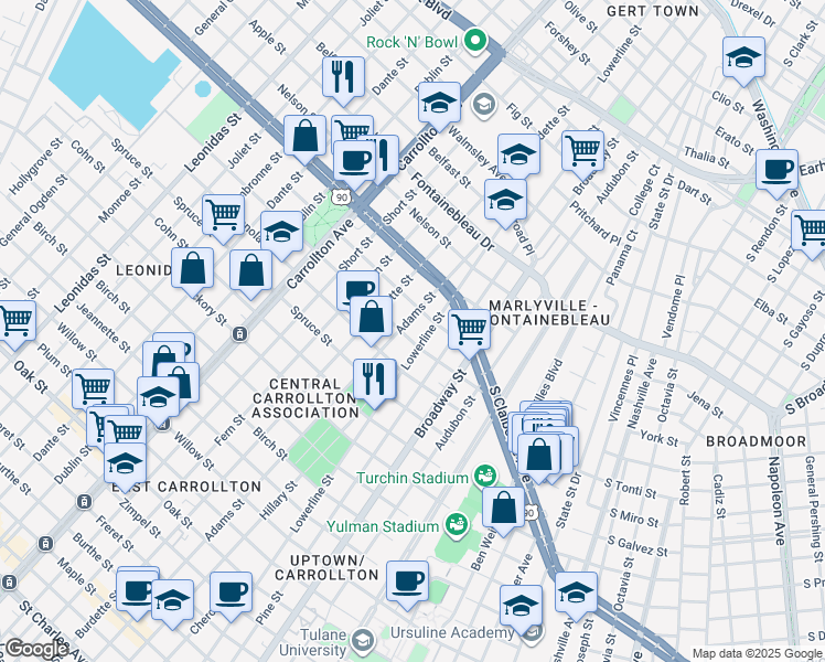 map of restaurants, bars, coffee shops, grocery stores, and more near 2215 Adams Street in New Orleans