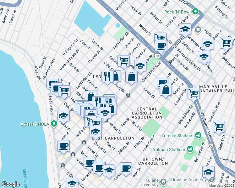 map of restaurants, bars, coffee shops, grocery stores, and more near 8126 Hickory Street in New Orleans