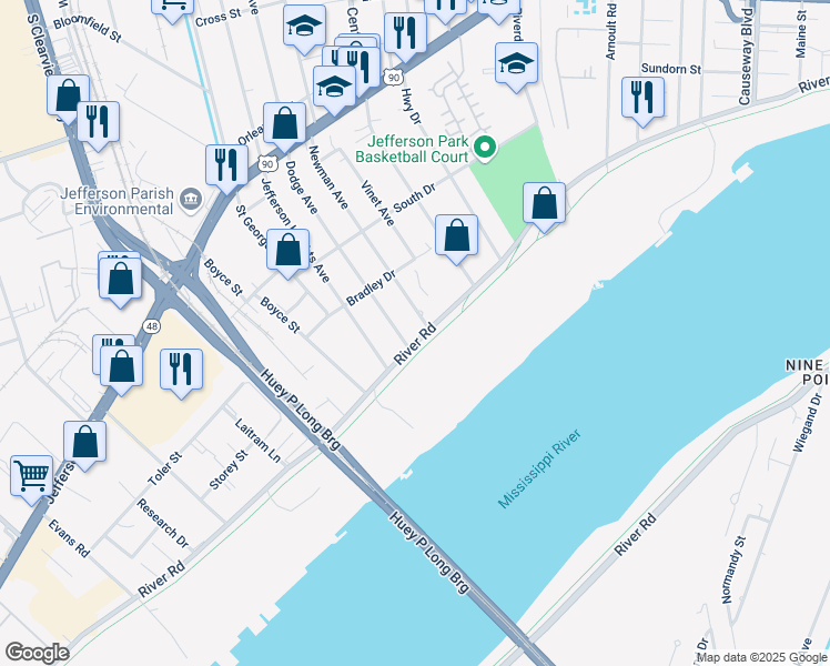 map of restaurants, bars, coffee shops, grocery stores, and more near 112 Newman Avenue in Jefferson