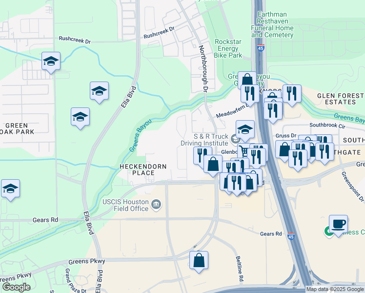 map of restaurants, bars, coffee shops, grocery stores, and more near 12803 Northborough Drive in Houston