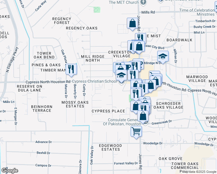 map of restaurants, bars, coffee shops, grocery stores, and more near 12219 Cypress Place Drive in Houston