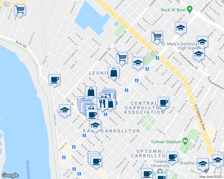 map of restaurants, bars, coffee shops, grocery stores, and more near 1638 Dublin Street in New Orleans