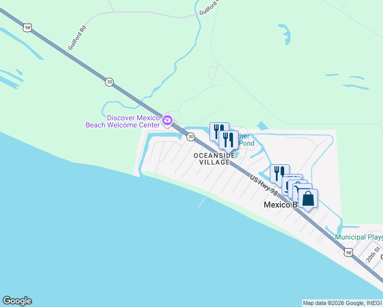 map of restaurants, bars, coffee shops, grocery stores, and more near 106 41st Street in Mexico Beach