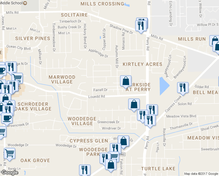 map of restaurants, bars, coffee shops, grocery stores, and more near 10002 Farrell Drive in Houston