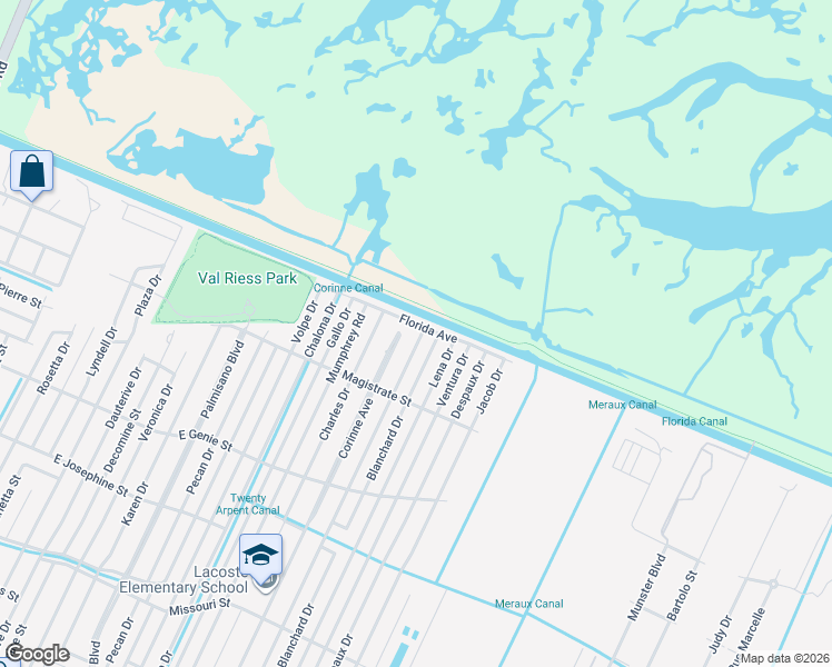 map of restaurants, bars, coffee shops, grocery stores, and more near 1900 Florida Avenue in Chalmette