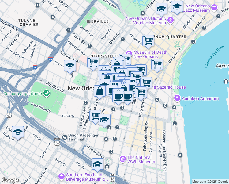 map of restaurants, bars, coffee shops, grocery stores, and more near in New Orleans