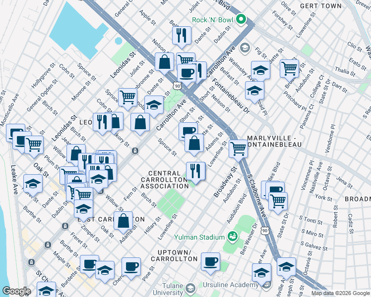 map of restaurants, bars, coffee shops, grocery stores, and more near 2029 Fern Street in New Orleans