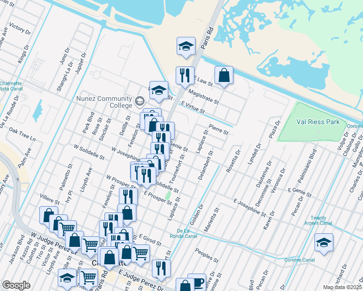 map of restaurants, bars, coffee shops, grocery stores, and more near 3617 Tournefort Street in Chalmette
