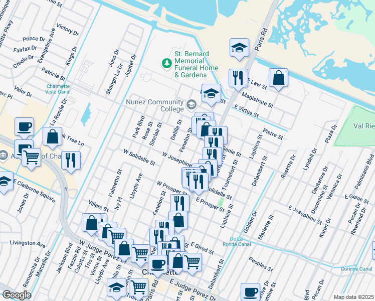 map of restaurants, bars, coffee shops, grocery stores, and more near 212 West Celestine Street in Chalmette