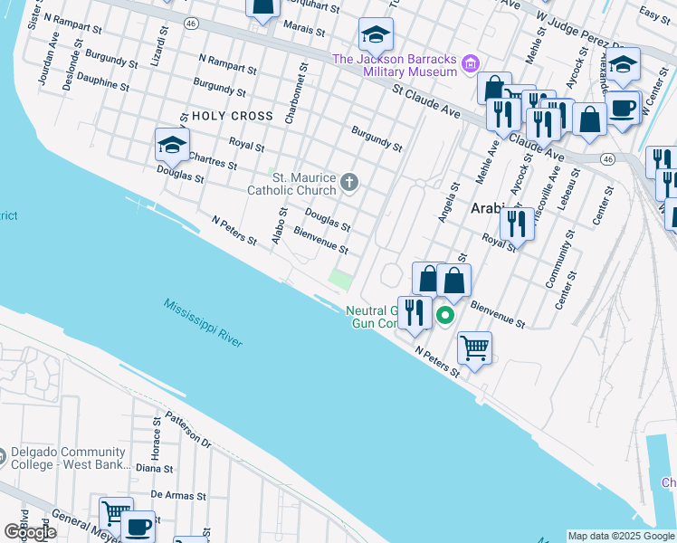 map of restaurants, bars, coffee shops, grocery stores, and more near 6321 Alhambra Street in New Orleans