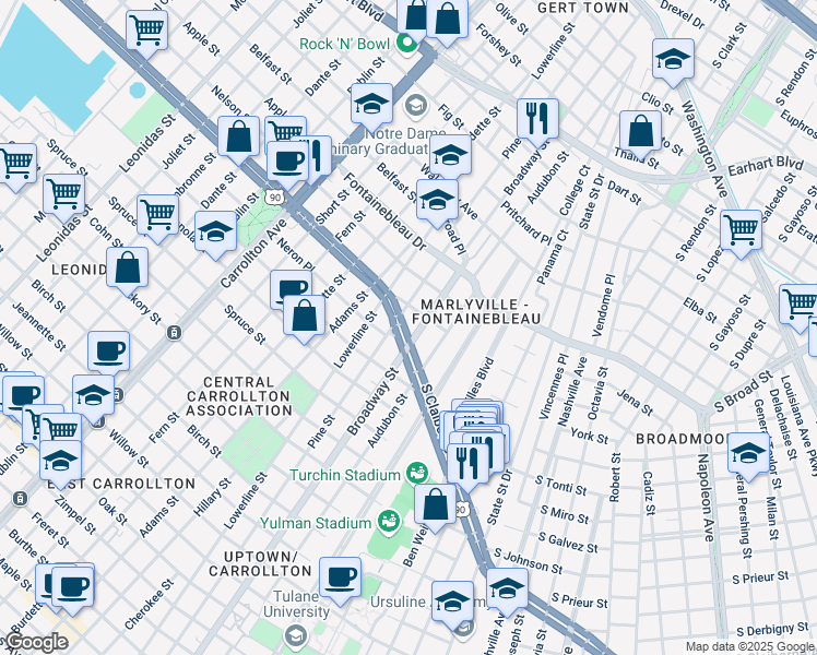 map of restaurants, bars, coffee shops, grocery stores, and more near 7215 South Claiborne Avenue in New Orleans