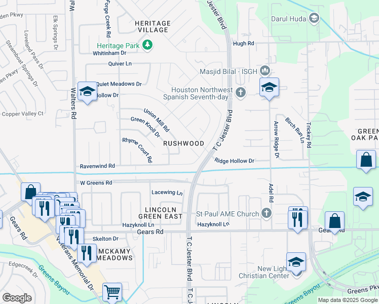 map of restaurants, bars, coffee shops, grocery stores, and more near 2110 Union Mill Road in Houston