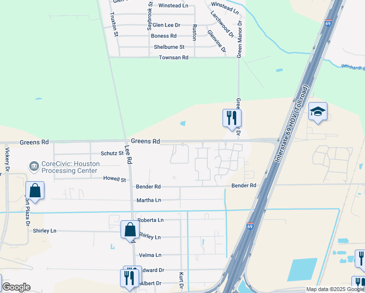 map of restaurants, bars, coffee shops, grocery stores, and more near 5900 Greens Road in Humble
