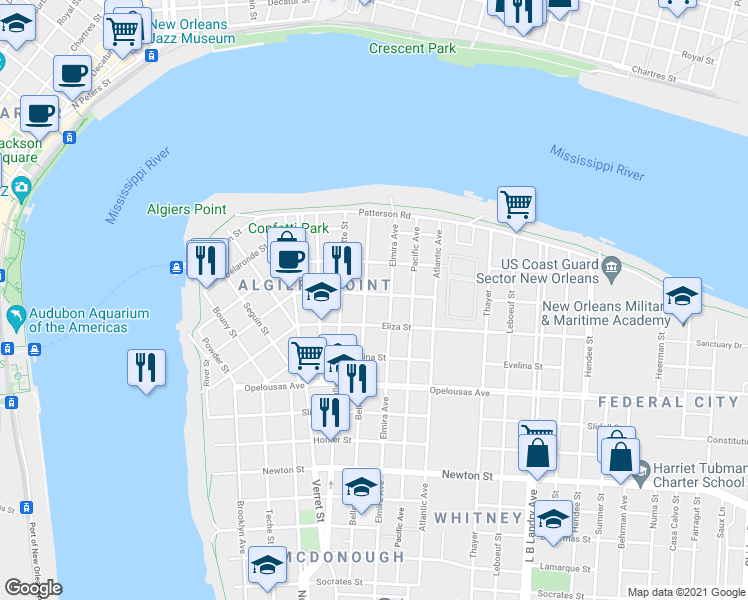 map of restaurants, bars, coffee shops, grocery stores, and more near 400 Belleville Street in New Orleans