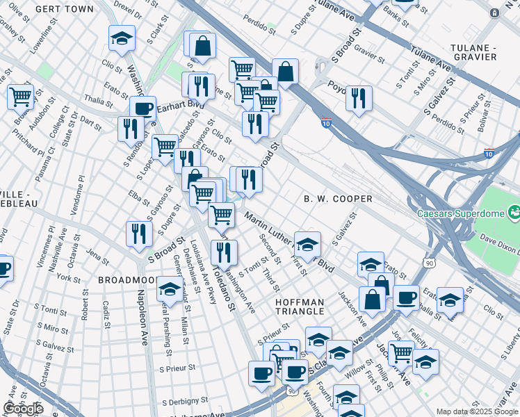 map of restaurants, bars, coffee shops, grocery stores, and more near 3940 Thalia Street in New Orleans