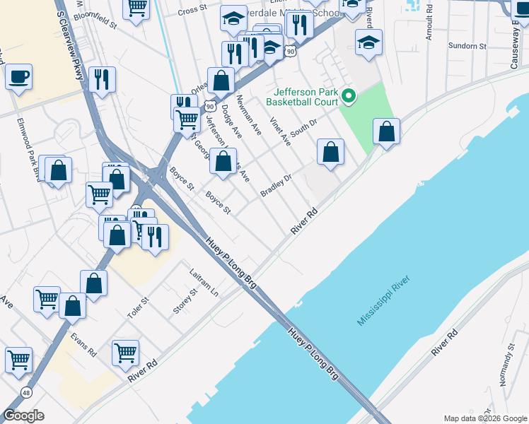 map of restaurants, bars, coffee shops, grocery stores, and more near 154 Jefferson Heights Avenue in New Orleans