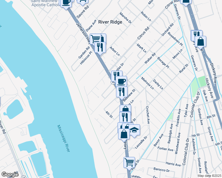 map of restaurants, bars, coffee shops, grocery stores, and more near 142 Riverbend Drive in River Ridge