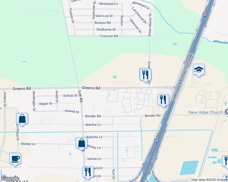 map of restaurants, bars, coffee shops, grocery stores, and more near 5900 Greens Road in Humble