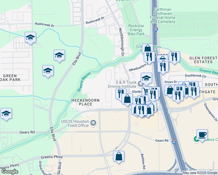 map of restaurants, bars, coffee shops, grocery stores, and more near 12803 Northborough Drive in Houston
